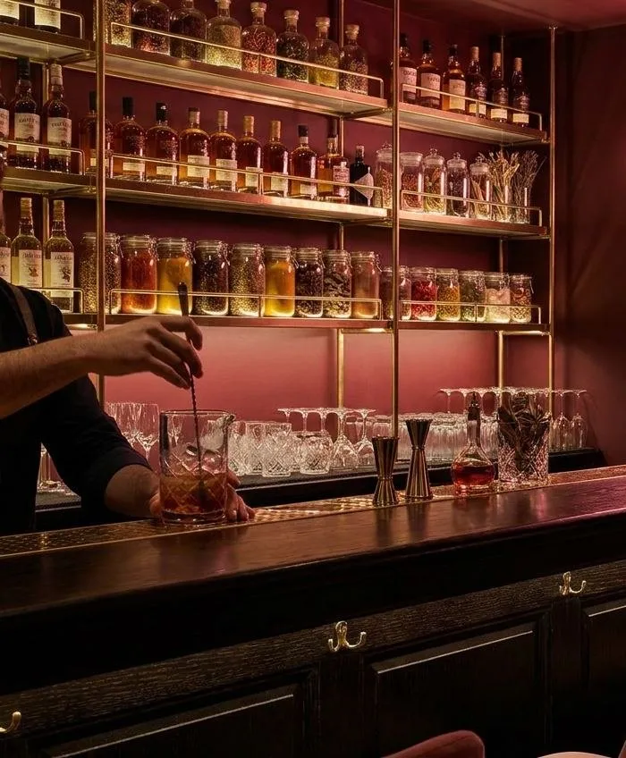 Bartender preparando un cóctel ante la estantería de latón con tarros de especias
