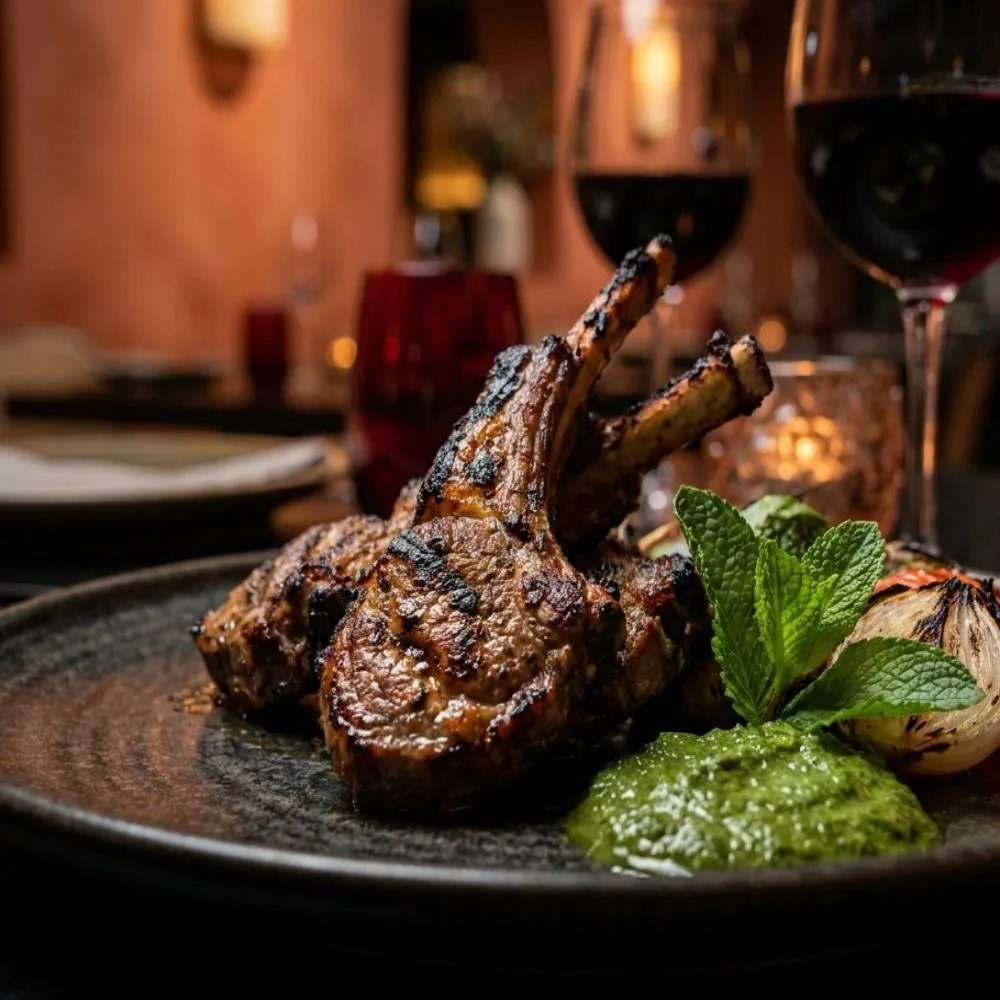 Cordero al tandoor emplatado en cerámica oscura, con copas de vino al fondo