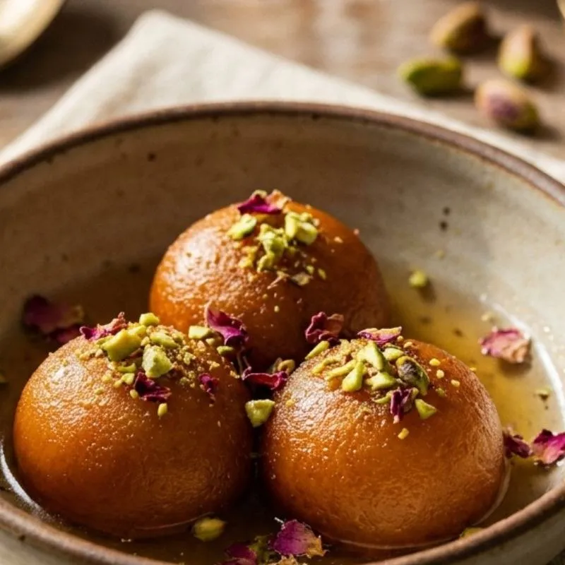 Gulab jamun con pistacho y pétalos de rosa