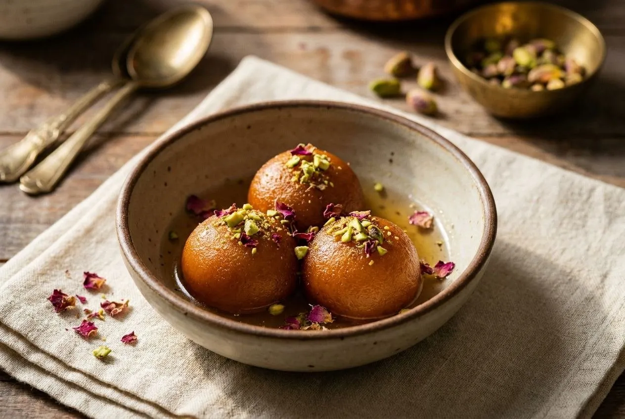 Cuenco de gulab jamun tibio con jarabe de rosa